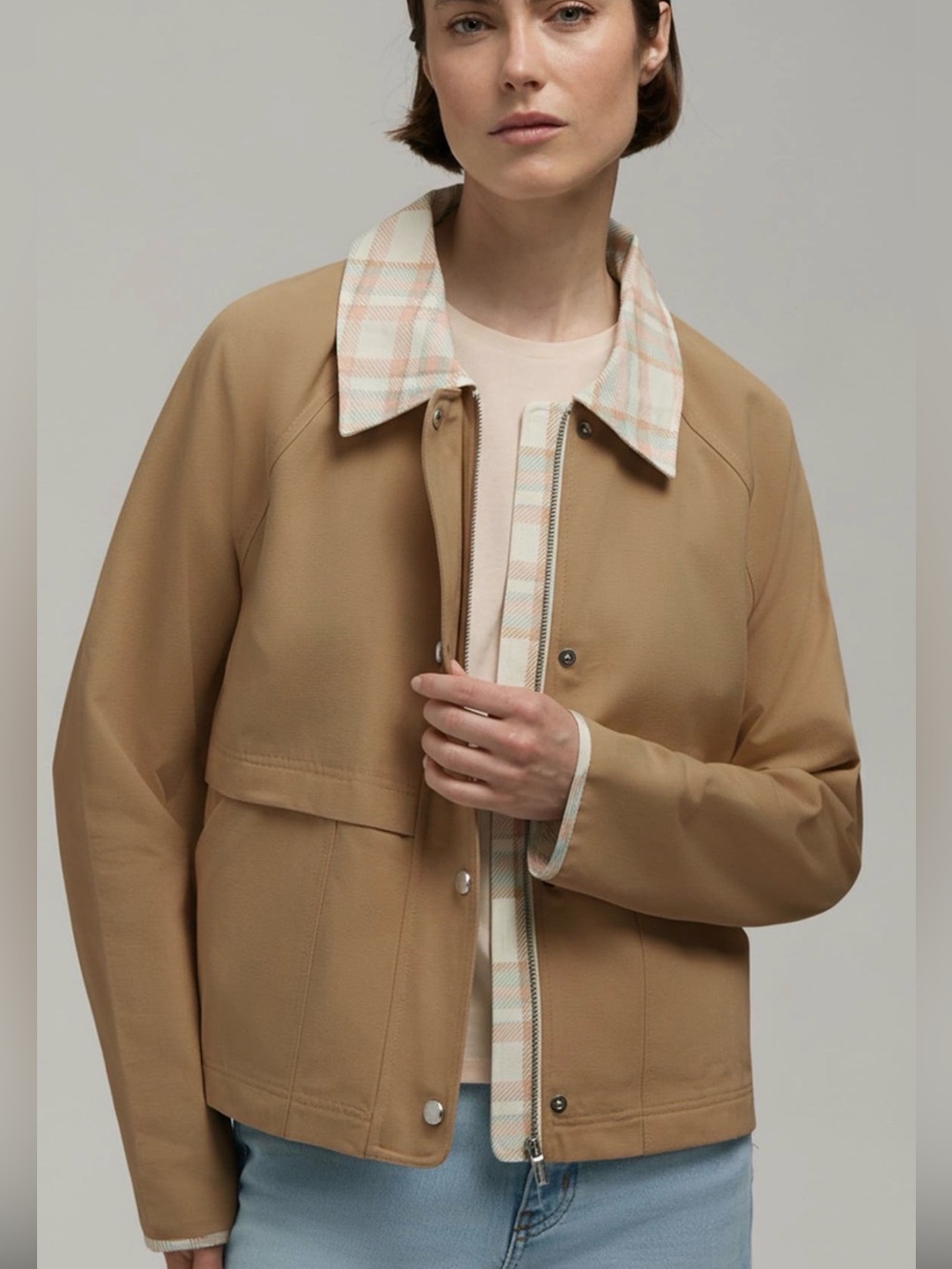 Hunter Tan Utility Jacket with Plaid Trim NWT